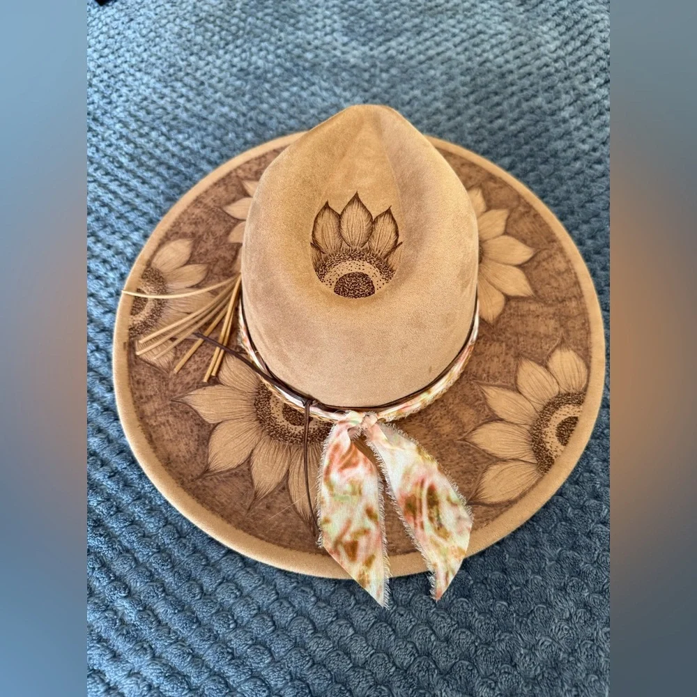 Sunflower Hand Burned Tan Hat - Picture 1 of 3